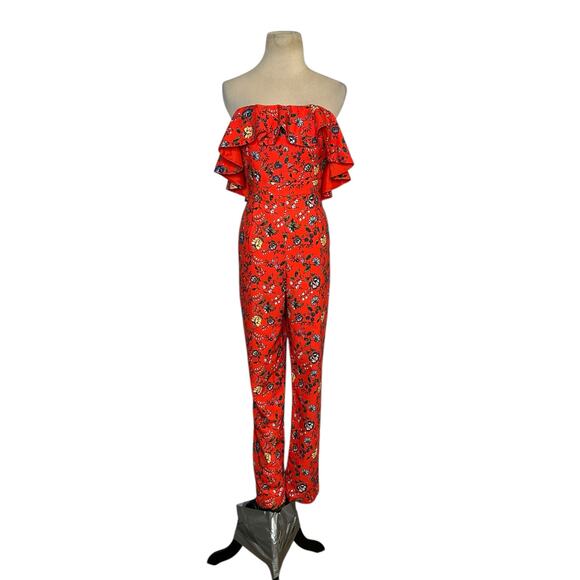 Gianni Bini red green floral strapless ruffled jumpsuit size 6 - Picture 10 of 16